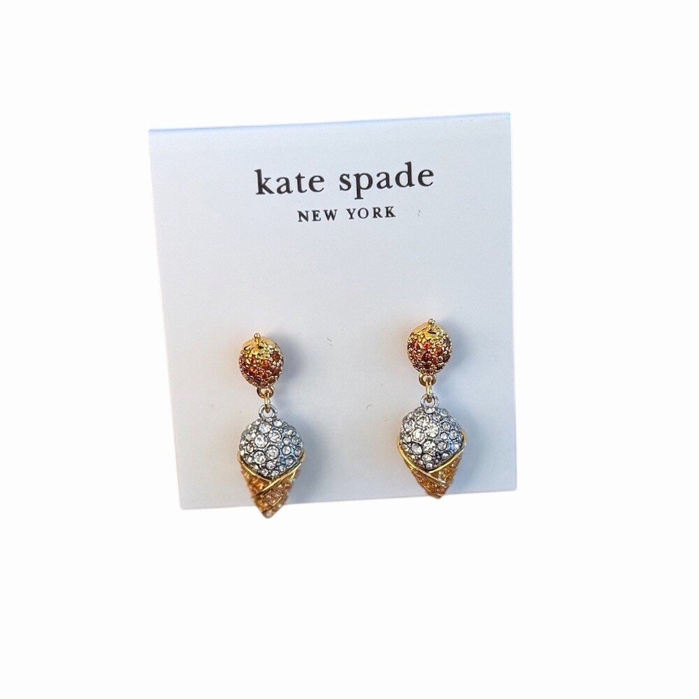 Kate Spade Ice Cream Cone Drop Dangle Earrings Gold Tone Pavé Crystal